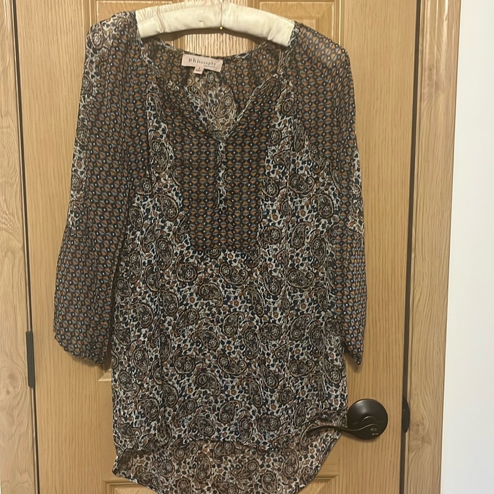Philosophy, size, small blue and brown paisley print blouse, light material